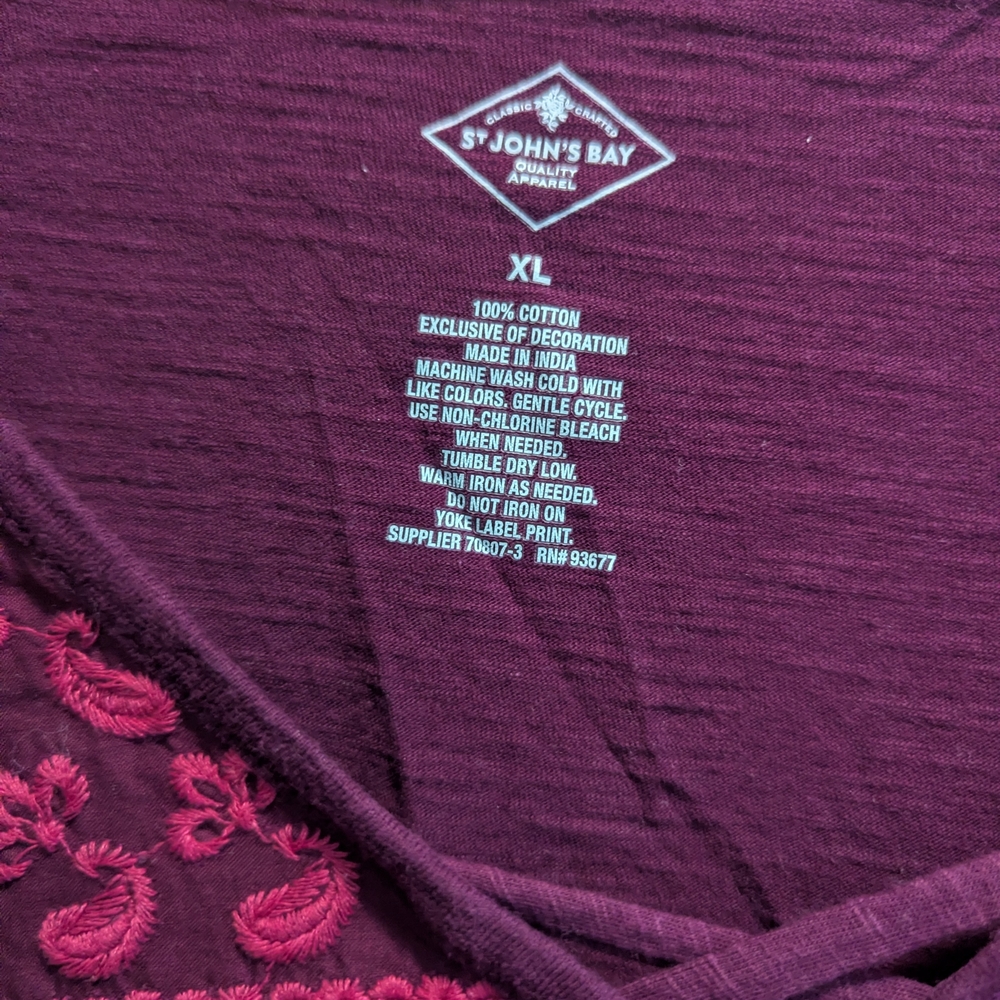 St. John's Bay Plum Long Sleeve Top with Magenta Embroidery - Picture 2 of 3